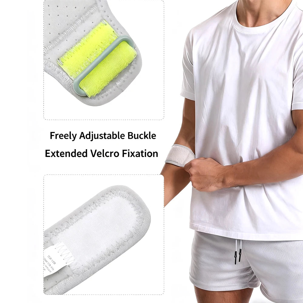 A hand wearing a white t-shirt demonstrates an adjustable velcro elbow brace with yellow and green padding.