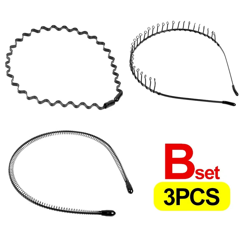 Three black fashion metal hair bands shown in various styles and angles