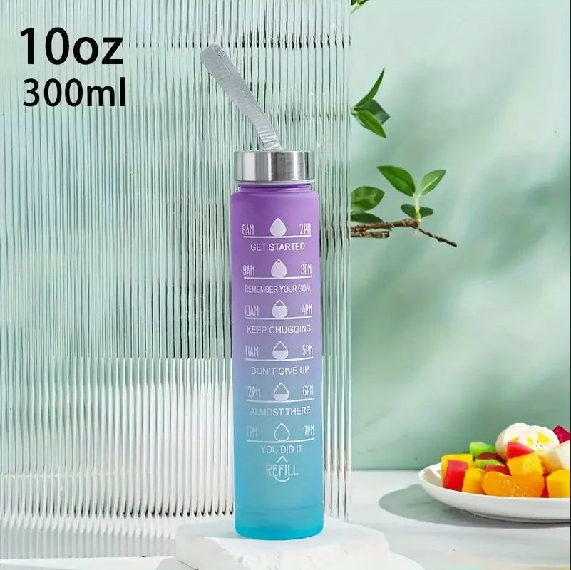 A tall, light blue water bottle with a purple cap and straw is shown against a light green background.