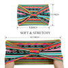 A colorful, striped fabric headband with a bow, featuring pink, teal, black, and yellow patterns.