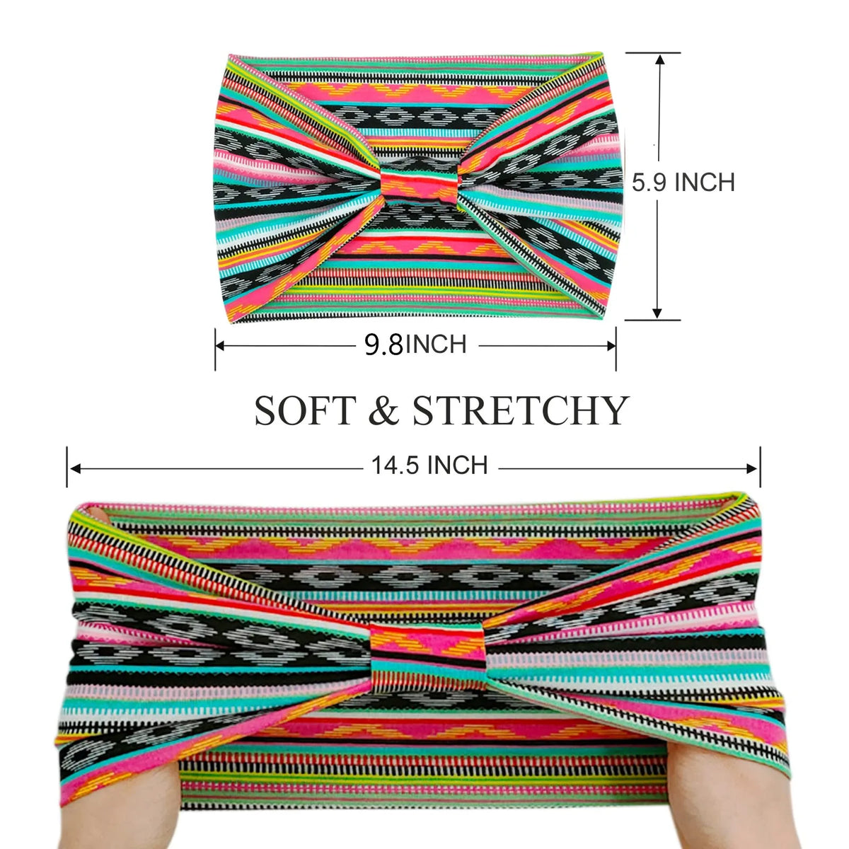 A colorful, striped fabric headband with a bow, featuring pink, teal, black, and yellow patterns.