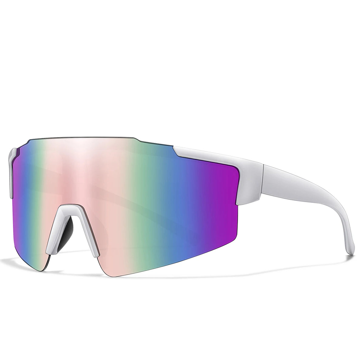 A pair of white cycling sunglasses with polarized lenses displaying a gradient of purple and green colors.