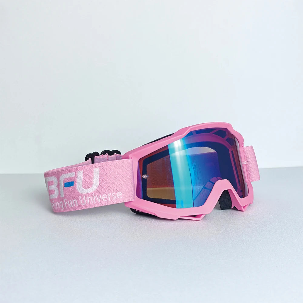 Pink sport-grade skiing goggles with a purple mirrored lens and black strap