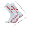 A pair of white football socks with red logos shown from the side, indicating their length and width.