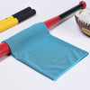 A bright blue mesh instant cooling towel is shown attached to a red sports bottle or grip.