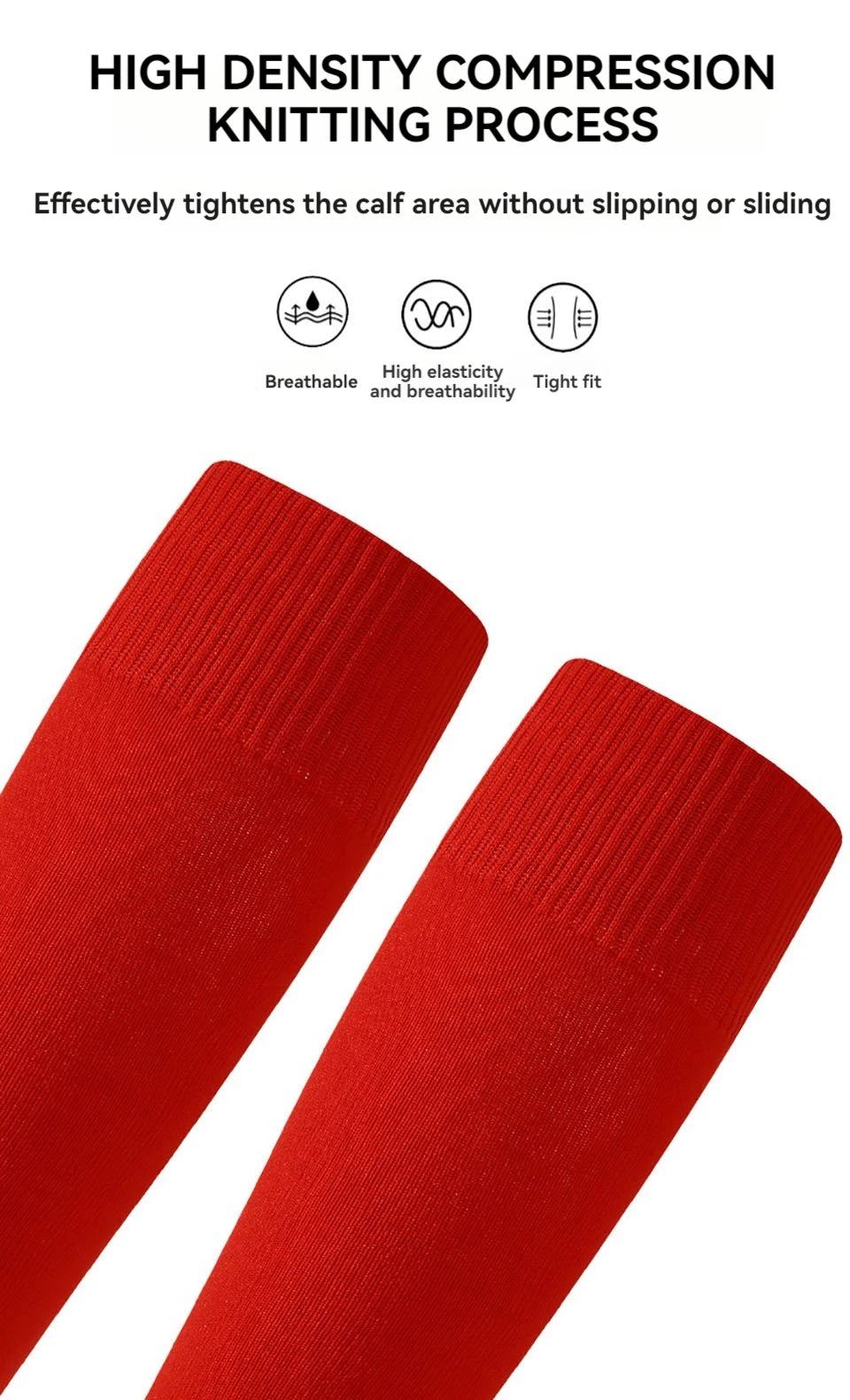 Two red high-density compression knitting sleeves shown against a white background.