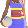 A woman models a color-block zigzag three-piece swimsuit set featuring purple and yellow fabric.