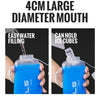A blue collapsible water bottle with a large mouth is shown being filled with water and holding ice cubes.