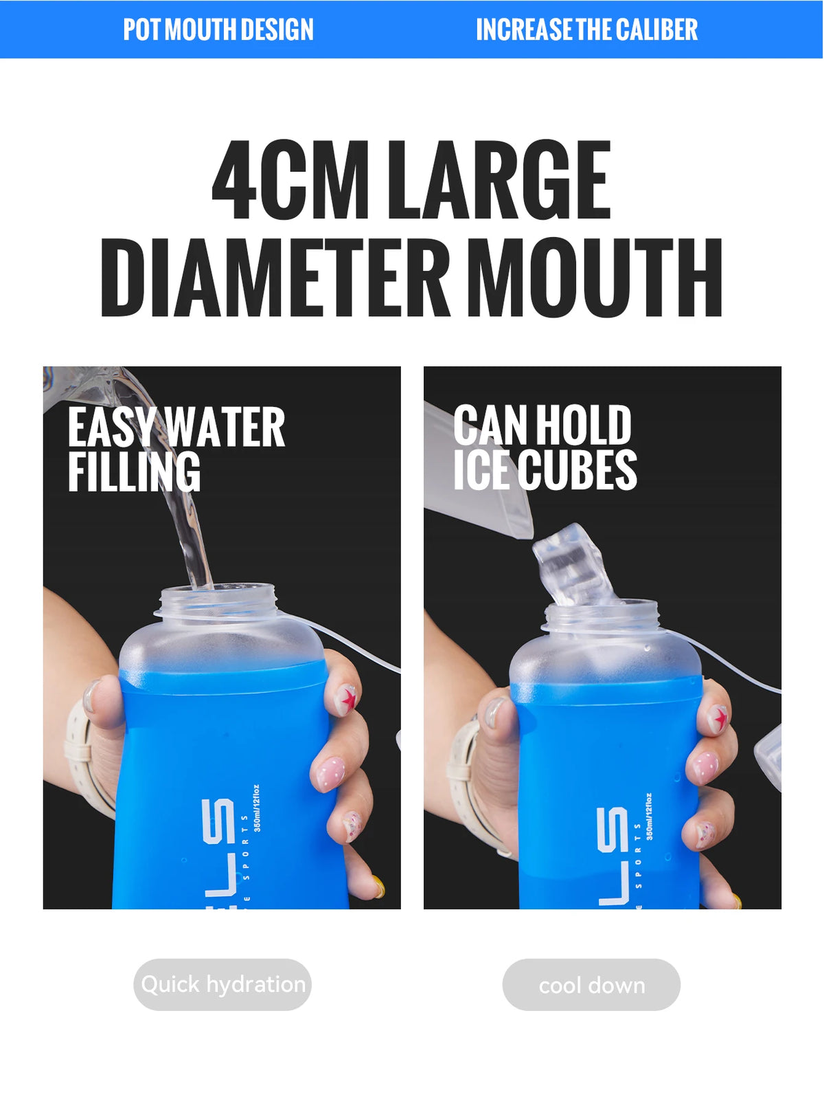 A blue collapsible water bottle with a large mouth is shown being filled with water and holding ice cubes.