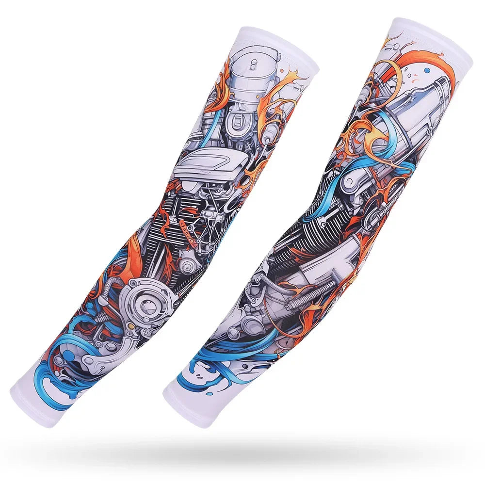 A pair of long sleeve arm protectors featuring an intricate mechanical and fiery design for sun and heat protection.