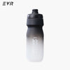 A black squeezable cycling water bottle with a dark cap and clear body.