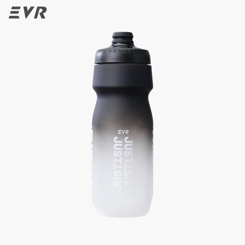 A black squeezable cycling water bottle with a dark cap and clear body.