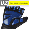 Black fingerless weightlifting gloves with blue anti-slip palm and wrist support