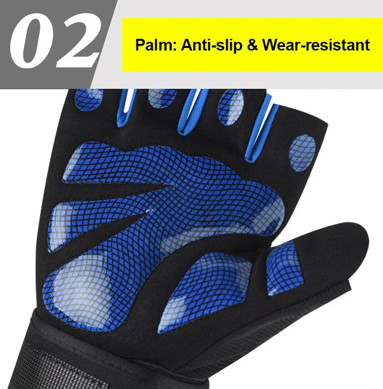 Black fingerless weightlifting gloves with blue anti-slip palm and wrist support