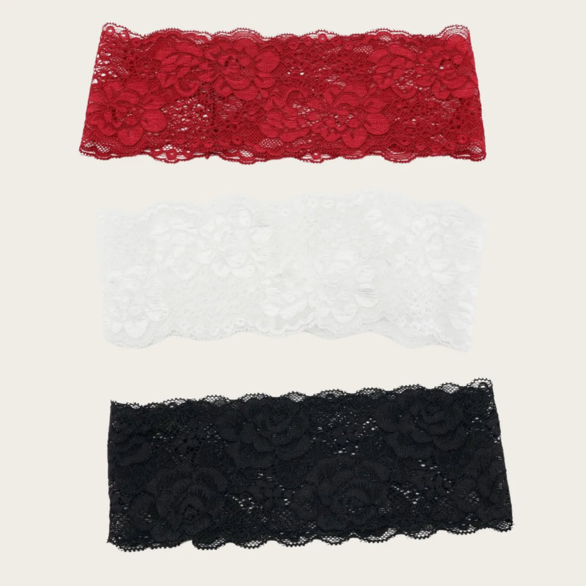 Tres diademas de encaje negro, rojo y blanco para fitness y yoga