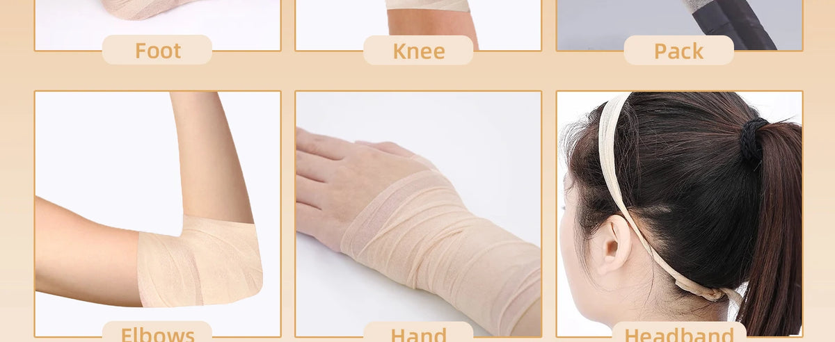 Various athletic foam tape wraps shown on a foot, knee, pack, elbows, hand, and headband.