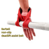 A hand wearing a red non-slip deadlift assist belt is shown gripping a silver barbell.