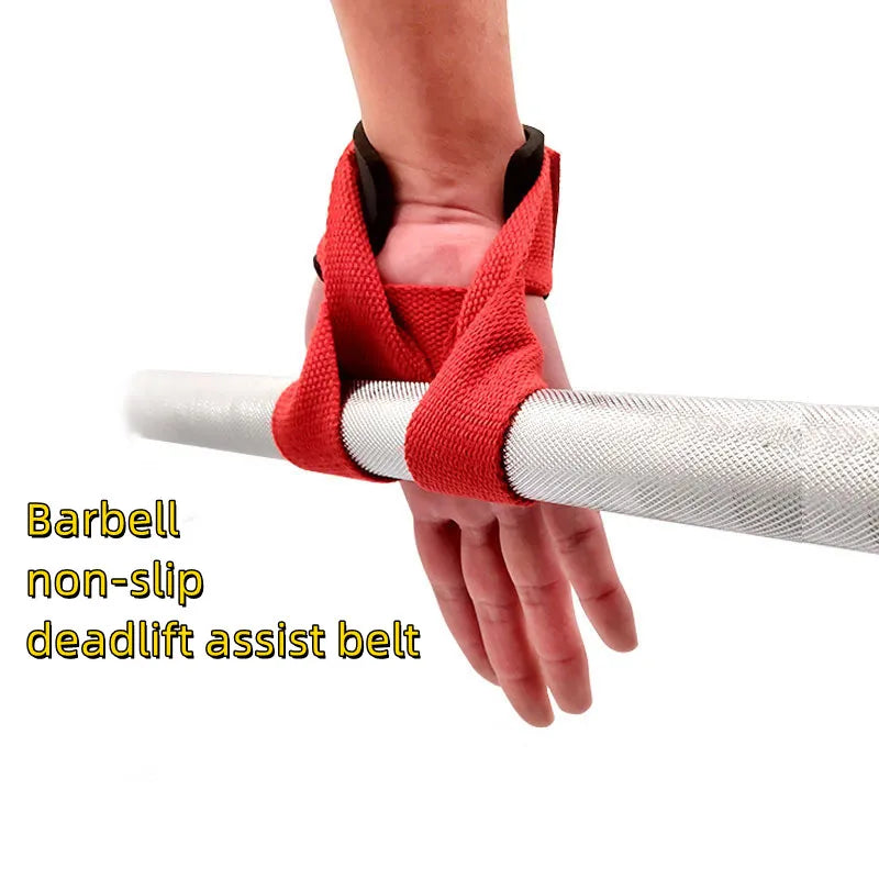 A hand wearing a red non-slip deadlift assist belt is shown gripping a silver barbell.