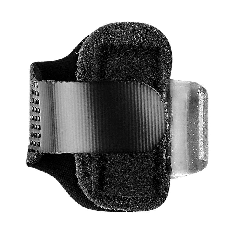Black adjustable toe splint with a silver strap and padded support for feet or fingers