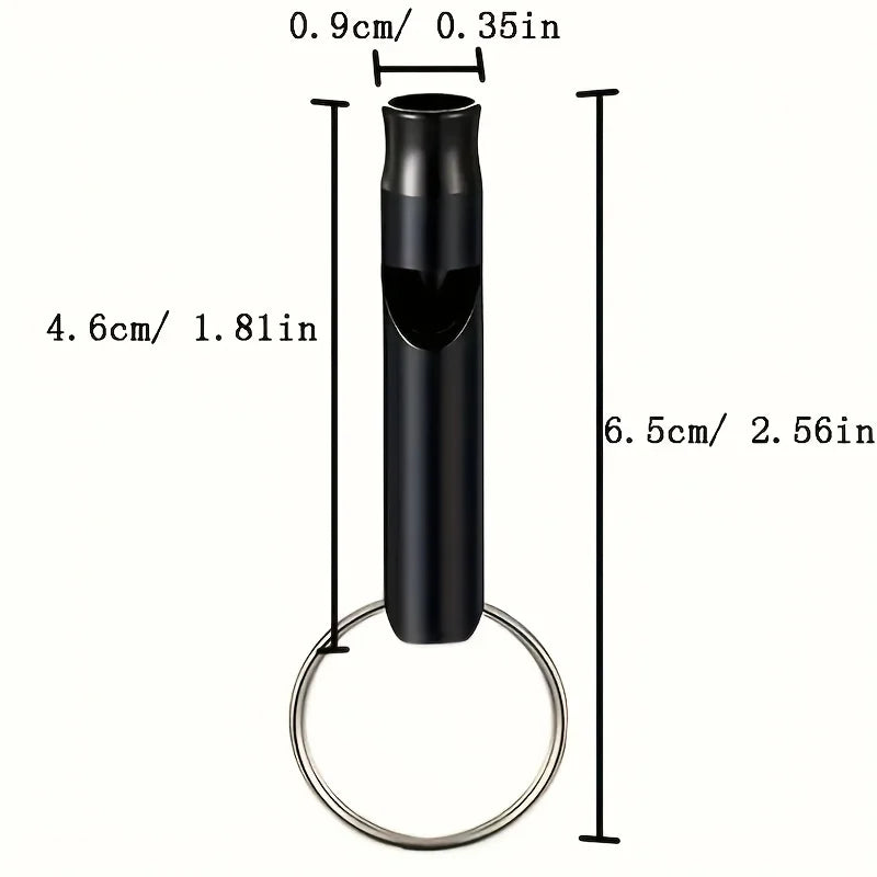 A black aluminum survival whistle keychain with a cylindrical body and a circular loop.