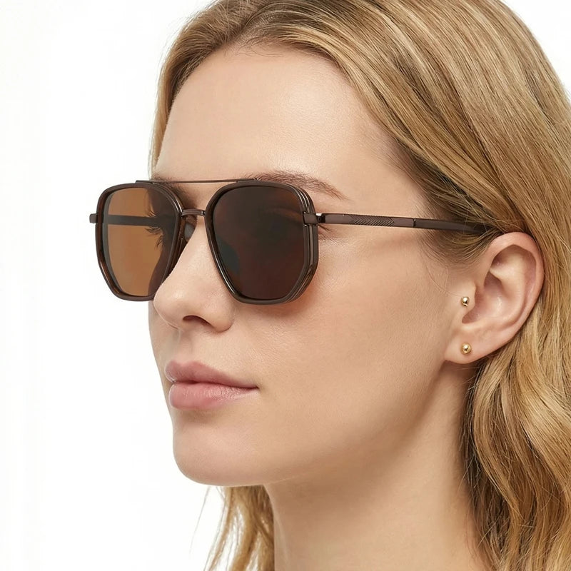 A woman models classic retro square polarized sunglasses with brown lenses and dark frames.