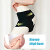 A black compression brace is shown being applied to the thigh and groin area of a person's leg.