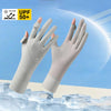 Gray and pink UV protection ice silk driving and cycling gloves shown against a blue background with ice cubes.