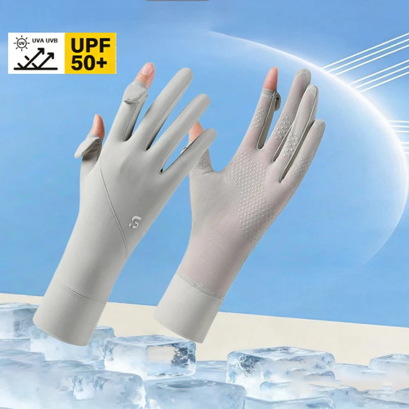 Gray and pink UV protection ice silk driving and cycling gloves shown against a blue background with ice cubes.