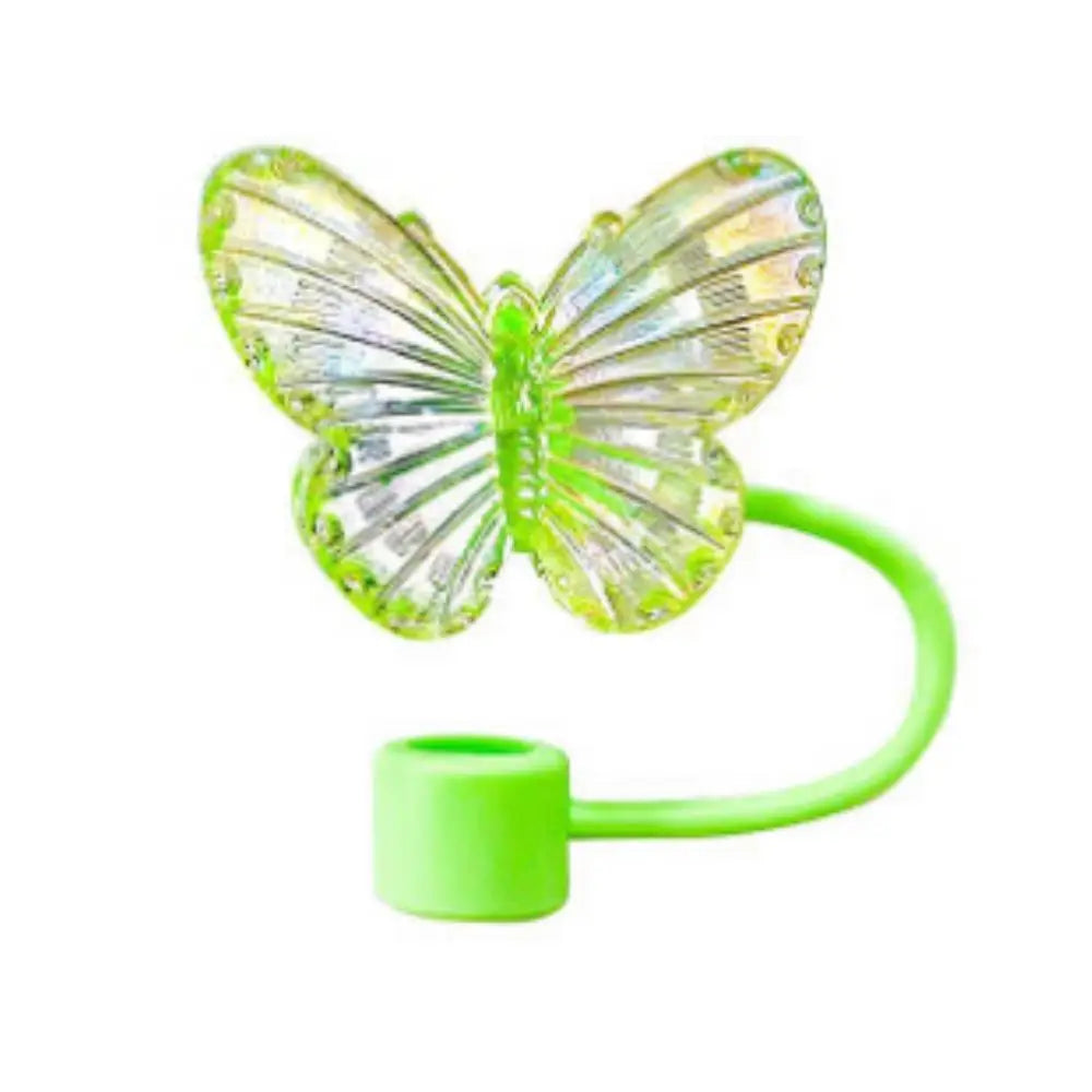 A clear silicone butterfly straw cover in lime green.