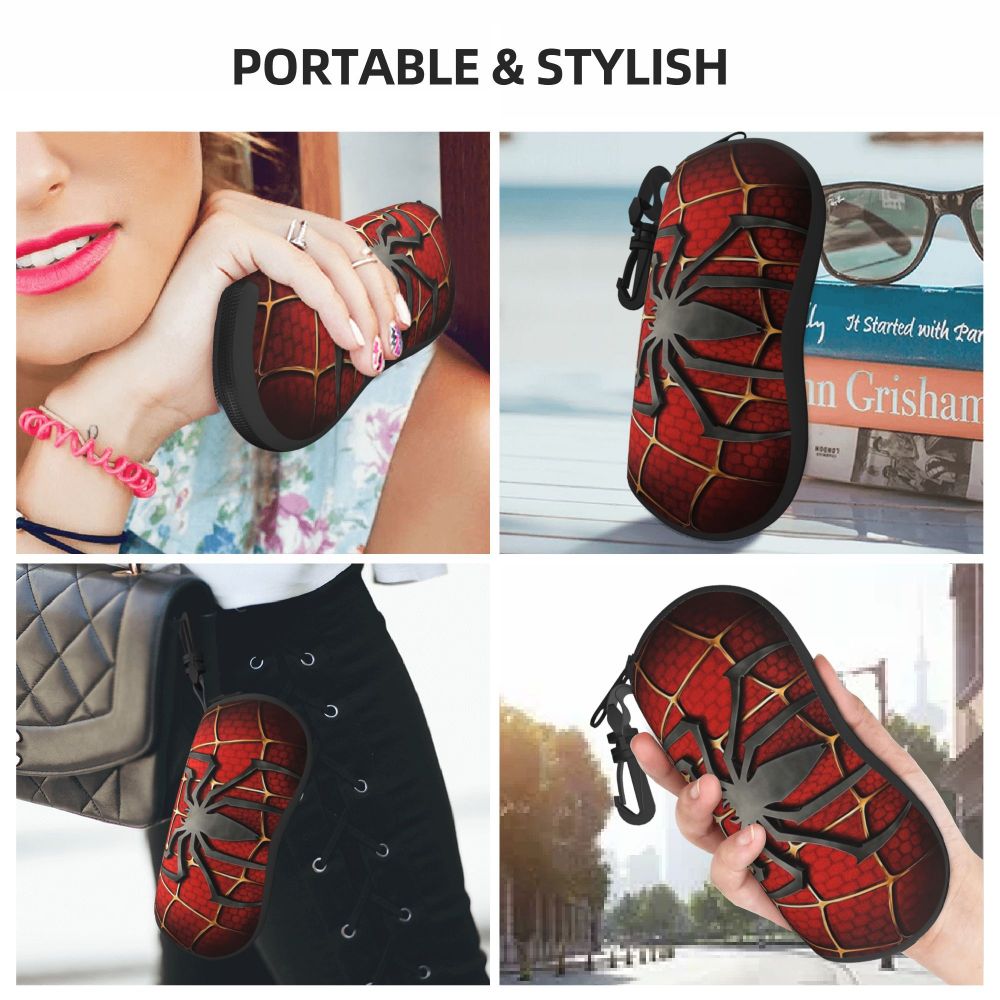 A red and black spider web patterned silicone eyeglass pouch shown in various contexts.