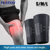 Black compression thigh sleeves being applied to a person's knee area for muscle and joint support.