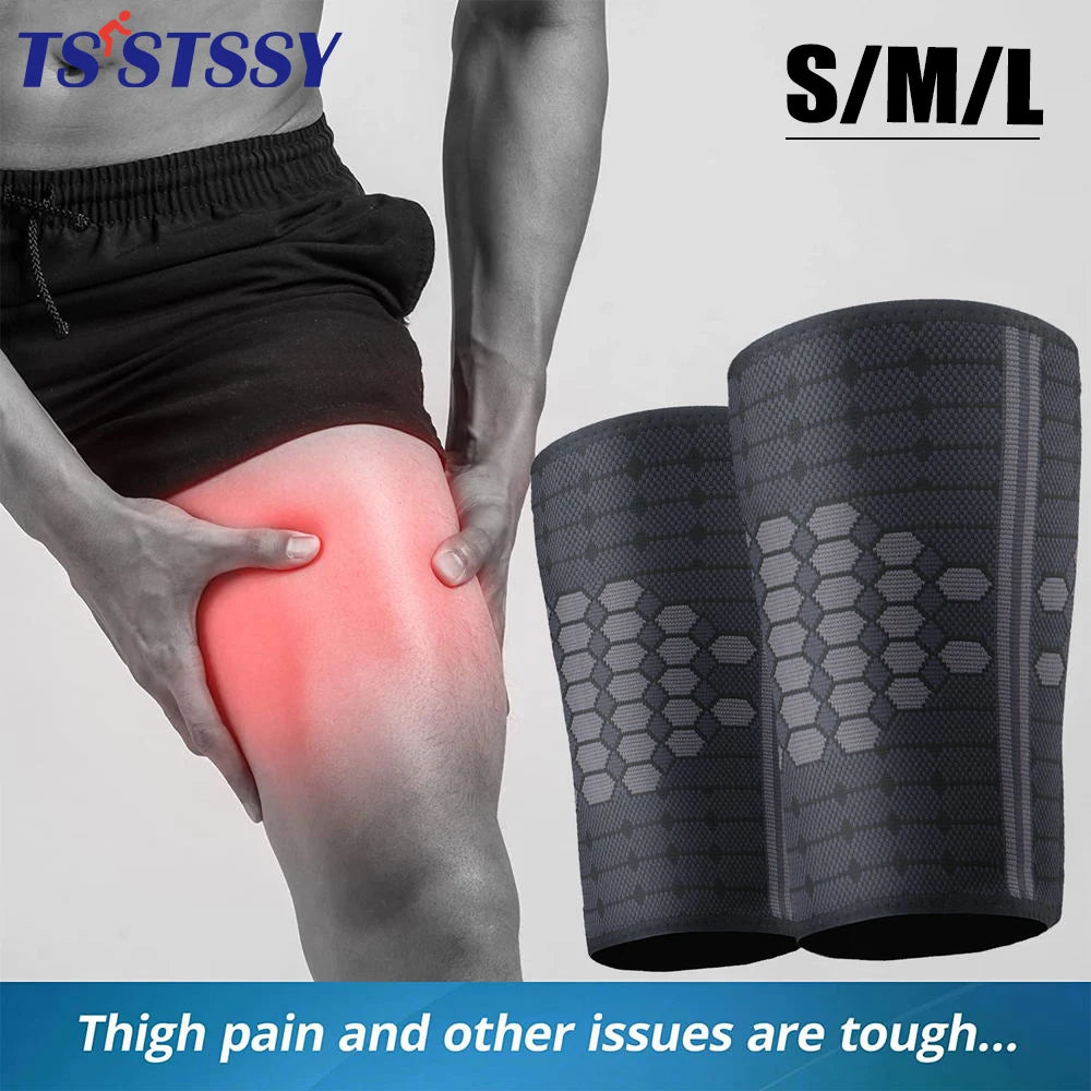 Black compression thigh sleeves being applied to a person's knee area for muscle and joint support.
