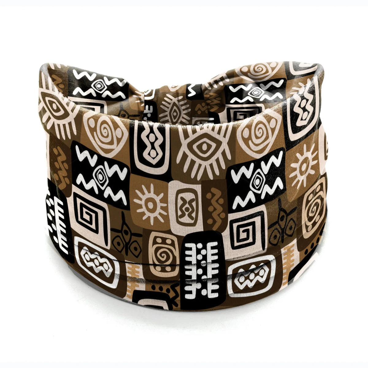 A patterned bohemian stretch cotton headband featuring geometric tribal designs in brown, black, and beige tones.