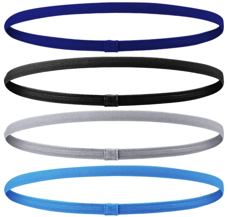 Ein Set von vier Unisex-Elastik-Sport-Headbands in Blau, Schwarz, Grau und leuchtendem Blau.
