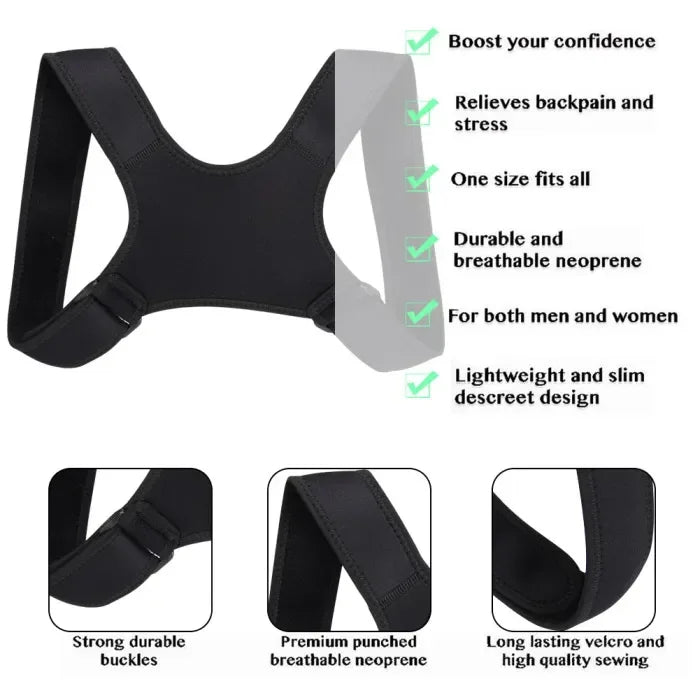 Corregidor postural negro, mostrando hebillas duraderas y material de neopreno transpirable