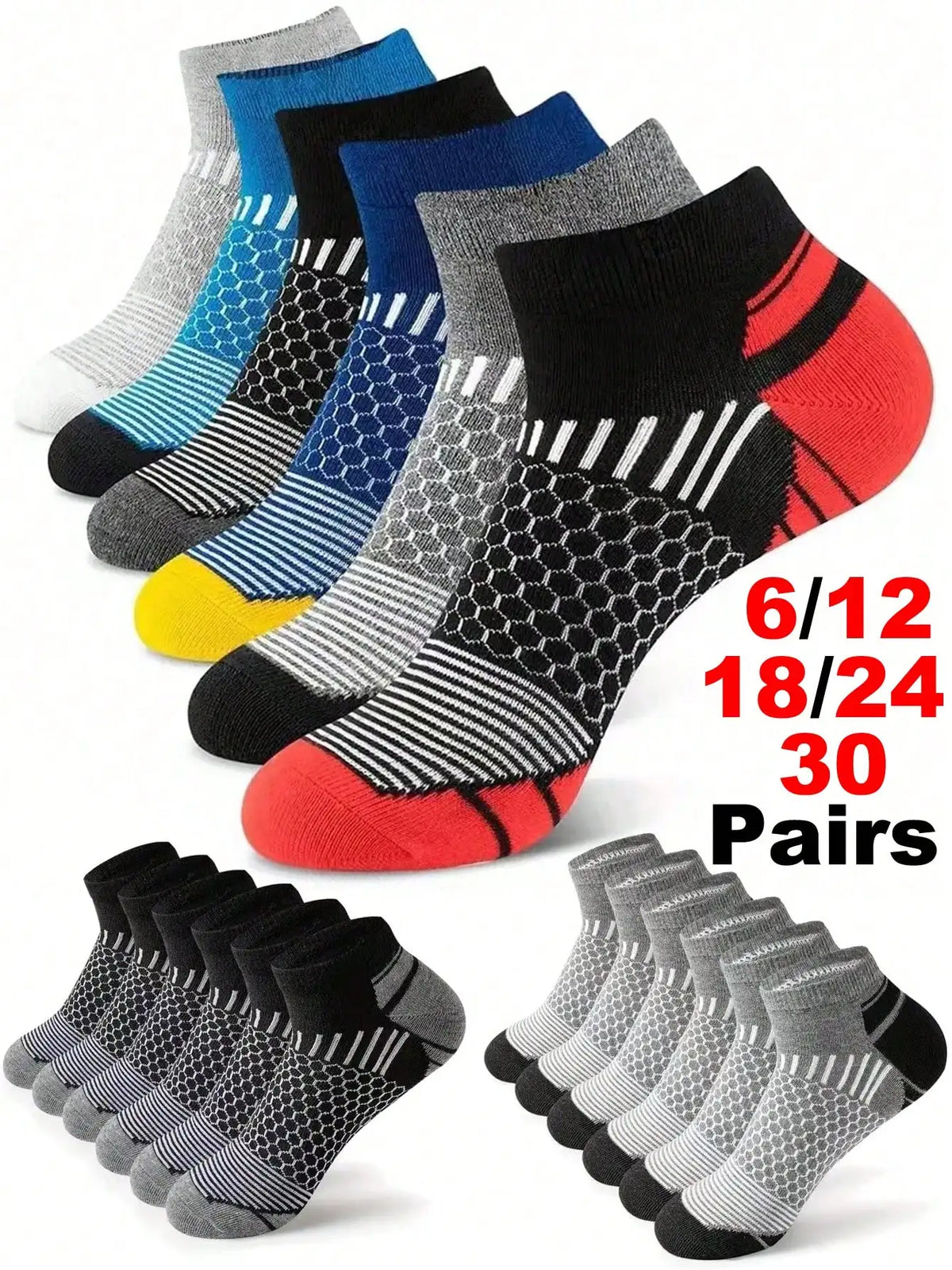 A variety of athletic knit ankle socks in various colors and patterns are displayed, including black, gray, blue, yellow, and