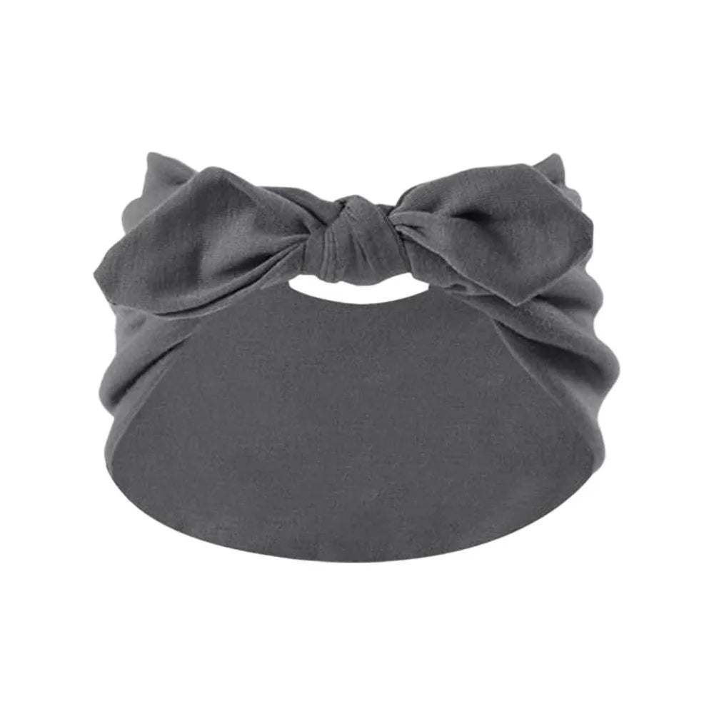 A gray bohemian bunny ear headband with a bow detail.