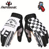 A pair of black and white FastGoose cycling gloves with a touchscreen compatibility feature.