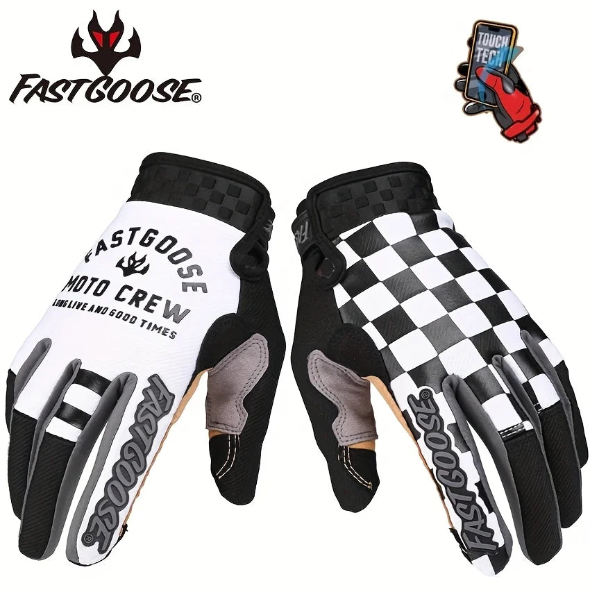 A pair of black and white FastGoose cycling gloves with a touchscreen compatibility feature.