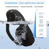 A black memory foam sleep mask is shown being washed in water, highlighting its waterproof and washable features.