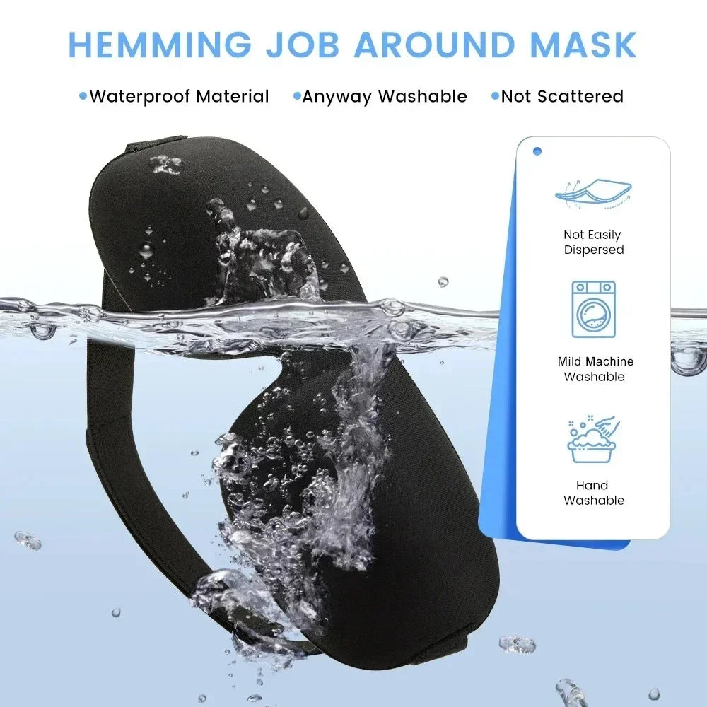 A black memory foam sleep mask is shown being washed in water, highlighting its waterproof and washable features.
