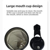 A clear plastic shaker bottle with a black lid is shown next to the text describing its large mouth cup design.