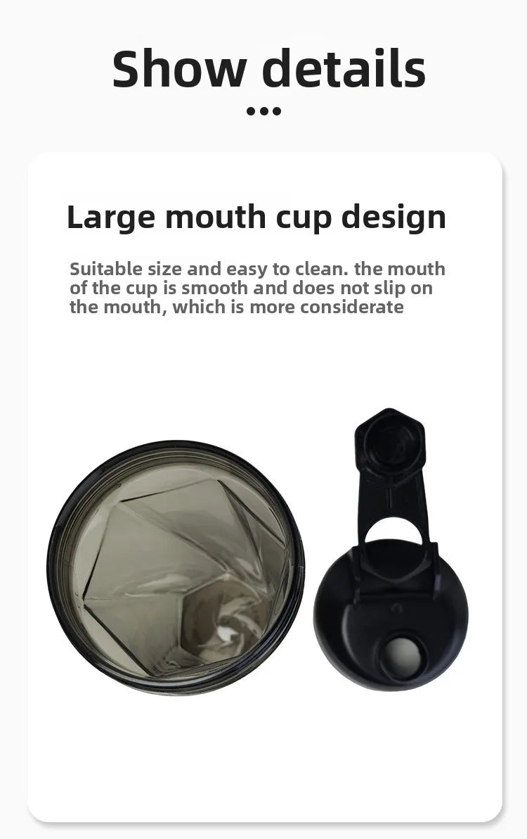 A clear plastic shaker bottle with a black lid is shown next to the text describing its large mouth cup design.