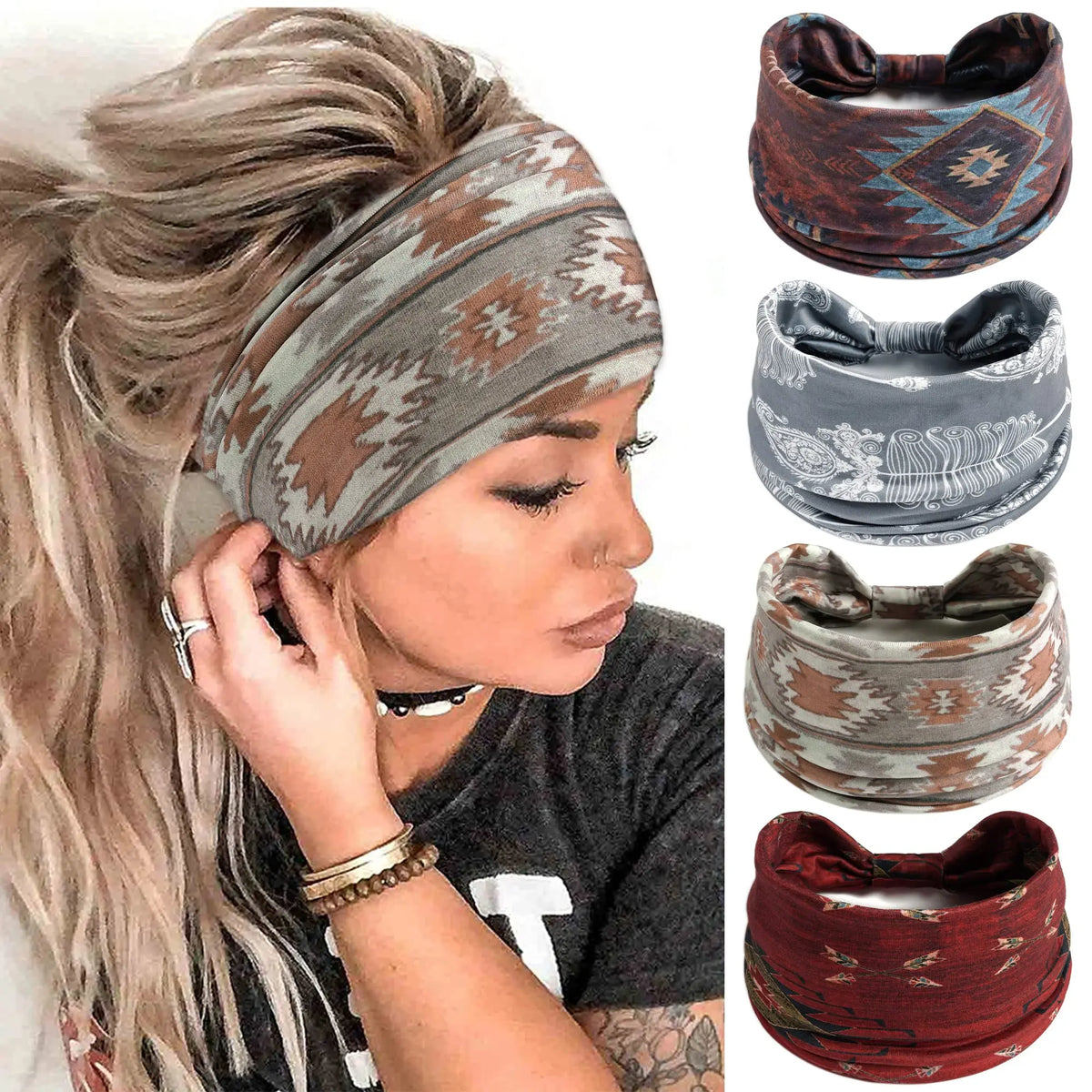 A woman wears a patterned grey boho cotton turban headband on her hair while exercising.