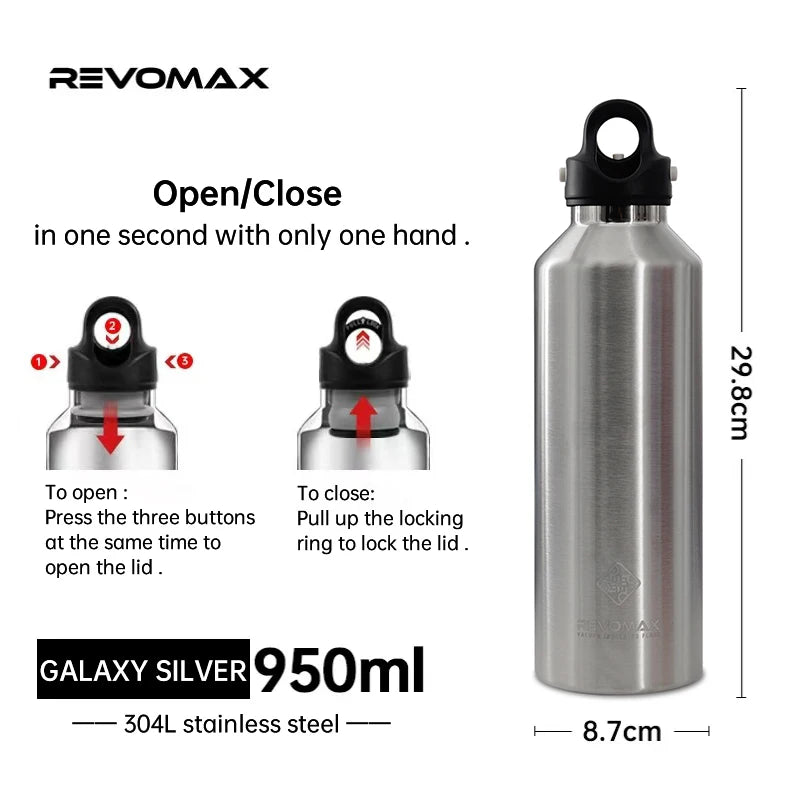 Silver Revolmax 950ml stainless steel thermos bottle shown with open and closed states.
