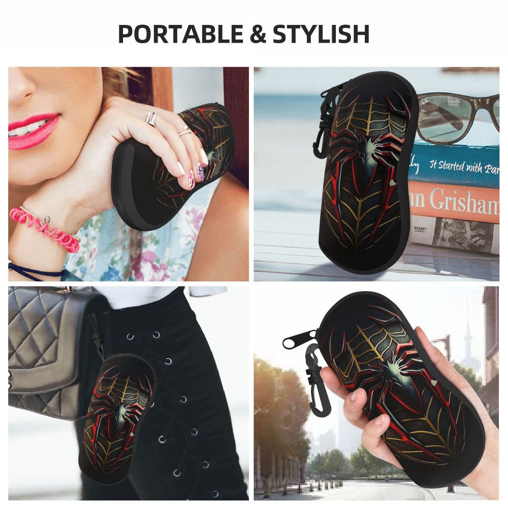 A black silicone pouch designed to hold and protect eyeglasses, featuring a decorative spider web pattern.