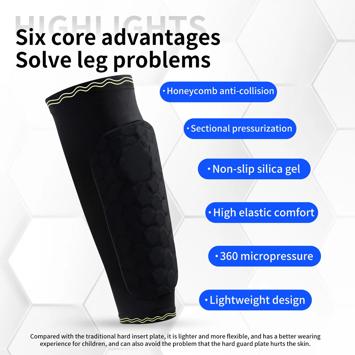 Black lightweight soccer shin guard shown highlighting six core advantages for leg protection