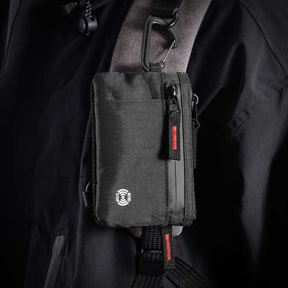 A black slim RFID blocking wallet is clipped onto a dark jacket or bag.