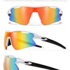 A pair of white black red sports sunglasses shown in multiple angles with colored lenses and frames.