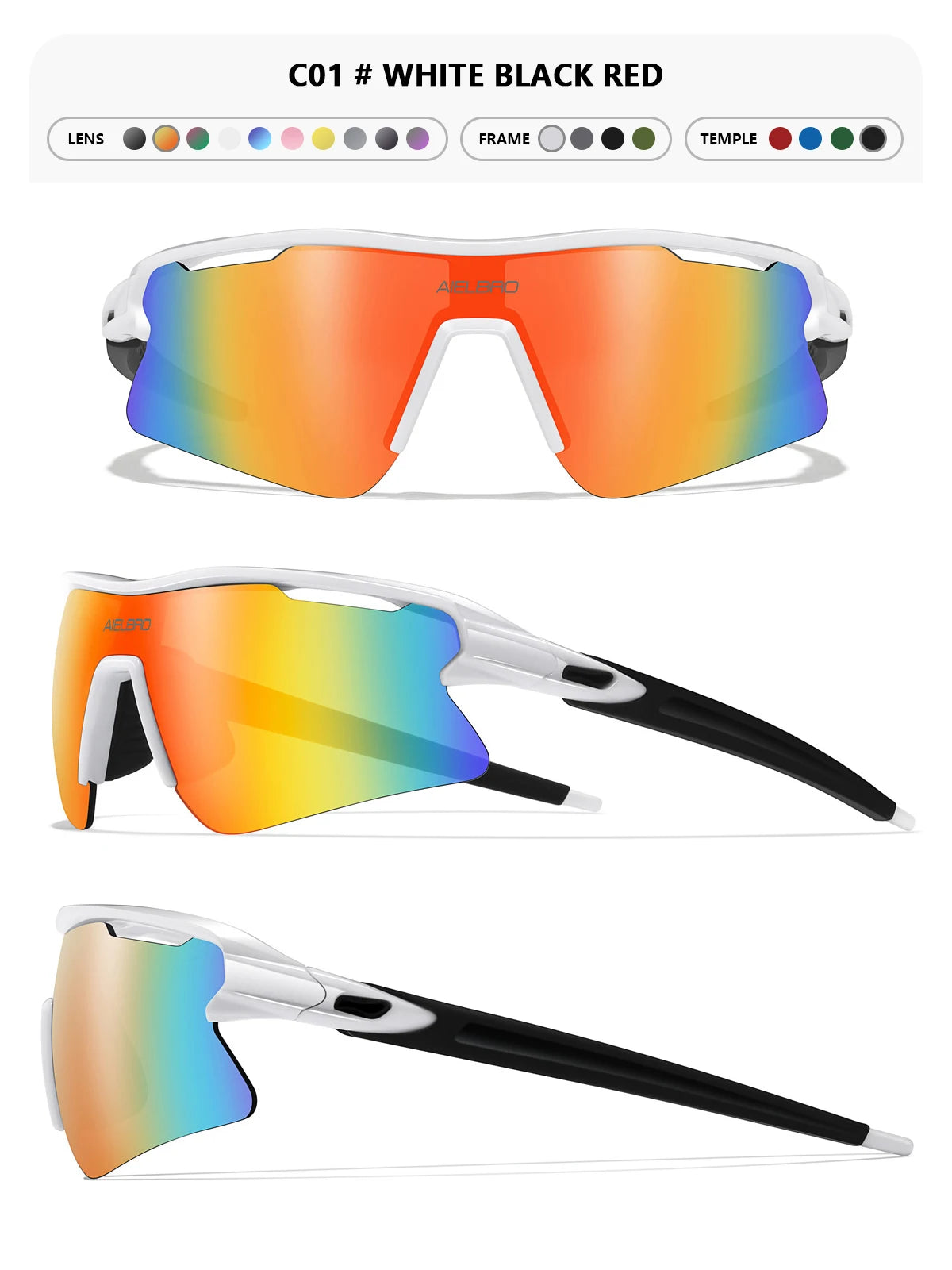 A pair of white black red sports sunglasses shown in multiple angles with colored lenses and frames.
